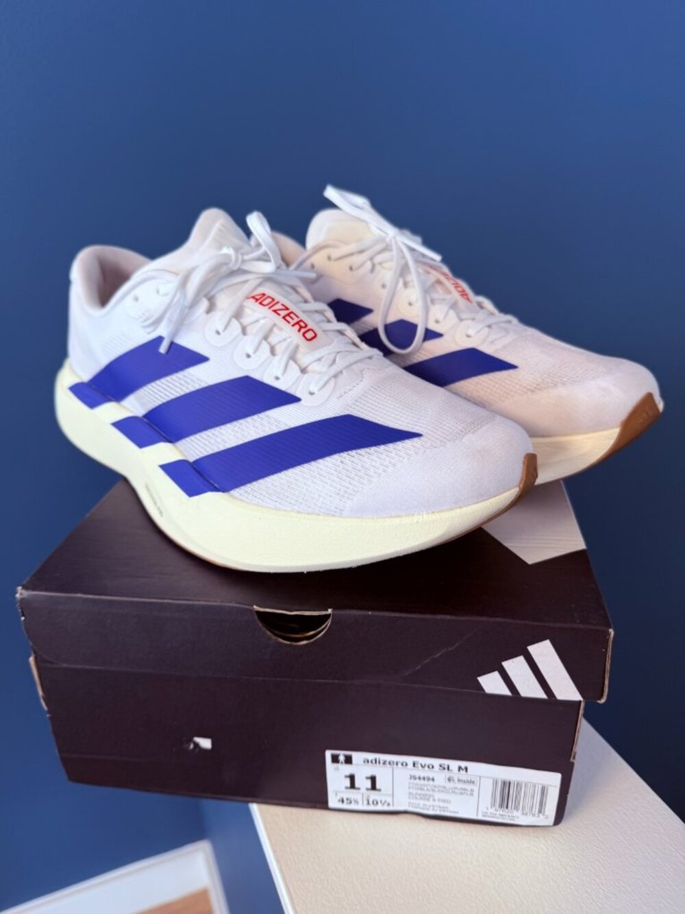Adidas Adizero Evo SL Running Shoes White Blue Sz 11
